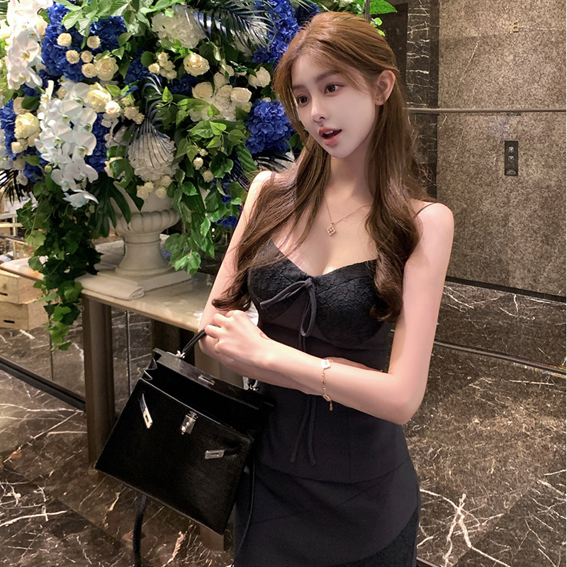 定染蕾丝西装吊带半裙套装
