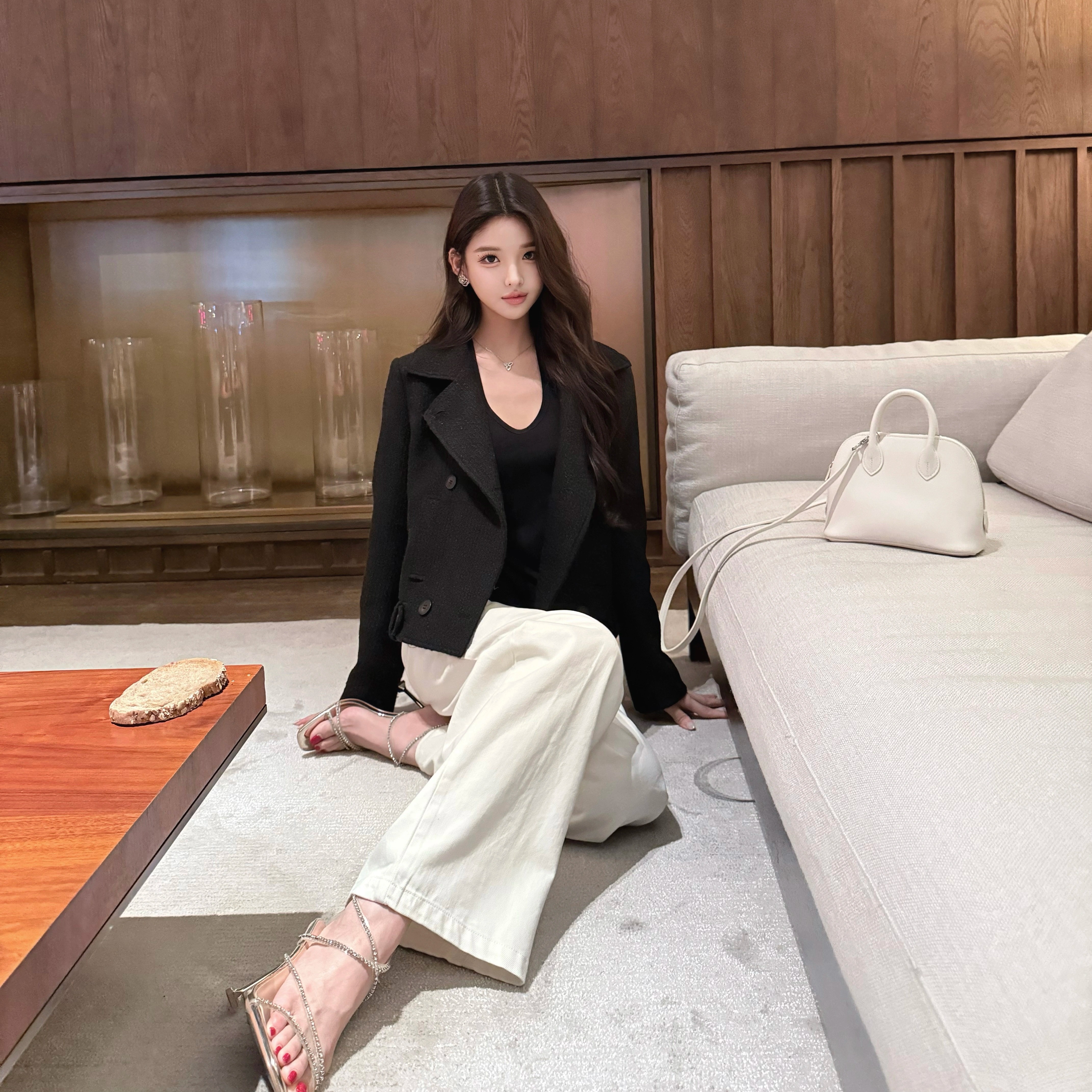 韩雨嘉【Brussels】高级黑 编织肌理翻领双排扣短款毛呢外套