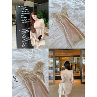 针织连衣裙无袖 韩雨嘉 温柔气质裸米色修身 s蕾丝之王 收腰裙子