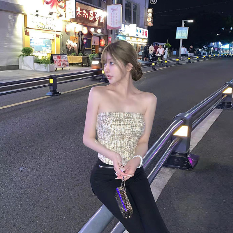 韩雨嘉无肩带小香风抹胸背心女夏季纯欲辣妹无袖短款上衣带胸垫,女装/女士精品,抹胸,淘宝优惠券,粉丝福利购,淘宝优惠卷