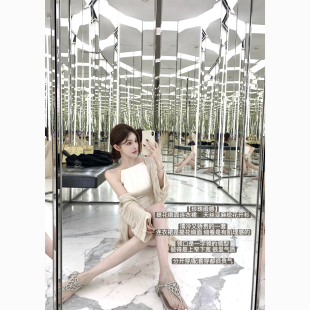 韩雨嘉【珍珠缎感】白色提花缎面吊带连衣裙天丝亚麻针织开衫套装