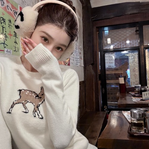 小鹿套头毛衣加厚提花针织上衣
