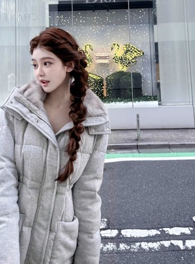 【L*p高级感】灰色绵羊毛连帽毛领羽绒服女90白鸭绒加厚毛呢外套