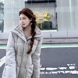 【L*p高级感】灰色绵羊毛连帽毛领羽绒服女90白鸭绒加厚毛呢外套