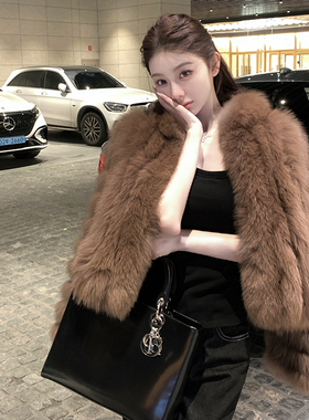 韩雨嘉【上东区新贵】棕色立领狐狸毛皮草女冬季高级感宽松短外套