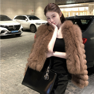 高级感宽松短外套 棕色立领狐狸毛皮草女冬季 韩雨嘉 上东区新贵