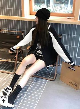 韩雨嘉慵懒风撞色毛衣外套女秋季圆领宽松拉链黑色棒球服针织衫