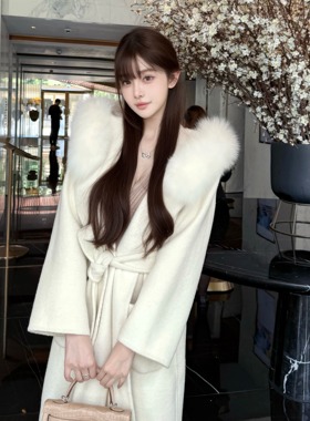【北海道初雪】69.8%绵羊毛 可拆卸狐狸毛连帽系带长款双面呢大衣