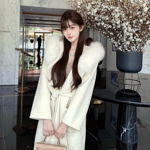 【北海道初雪】69.8%绵羊毛 可拆卸狐狸毛连帽系带长款双面呢大衣