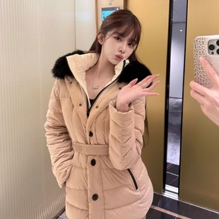 韩雨嘉【韩女羽绒服】卡其色毛领羽绒服女气质收腰可拆卸连帽外套