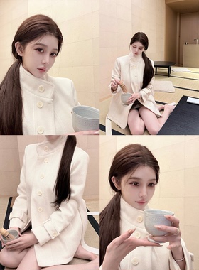 韩雨嘉【北川景子】羊毛白色收腰立领系带风衣毛呢外套