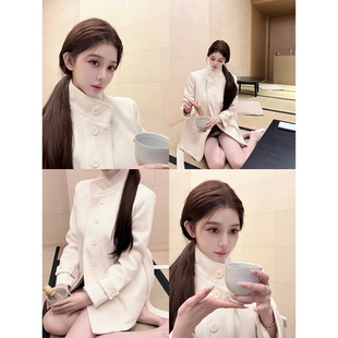 韩雨嘉 羊毛白色收腰立领系带风衣毛呢外套 北川景子