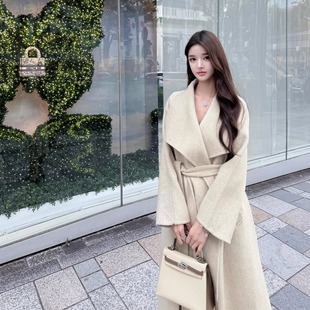 韩雨嘉【雅叙园】70羊毛米色立领系带双面呢大衣女多穿法气质外套