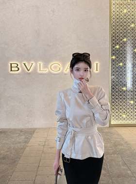 韩雨嘉【松烟卡其】英伦风翻领系带风衣外套女秋季宽松老钱风上衣