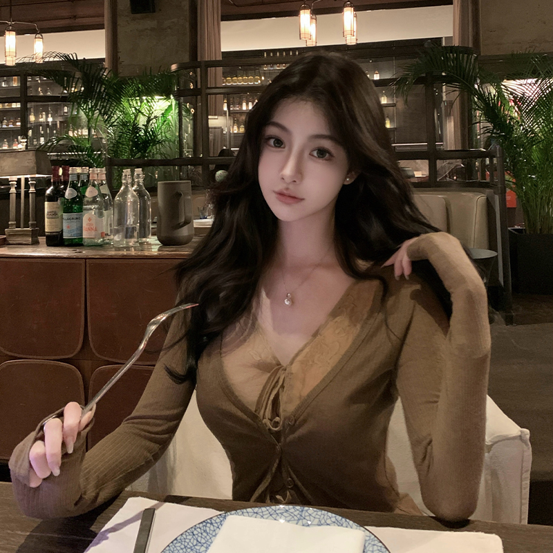 韩雨嘉新中式V领长袖针织衫女夏季复古高级感修身显瘦假两件上衣