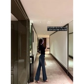 高腰复古水洗蓝拼灯芯绒直筒牛仔裤 韩雨嘉 原牛色 显腿直长