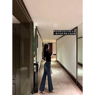 韩雨嘉【原牛色】高腰复古水洗蓝拼灯芯绒直筒牛仔裤 显腿直长