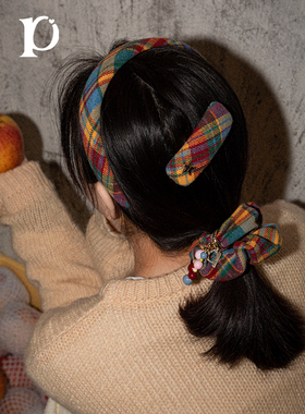 Puui原创生活新款发饰组合秋冬格纹复古吊坠少女发圈发箍ins发饰