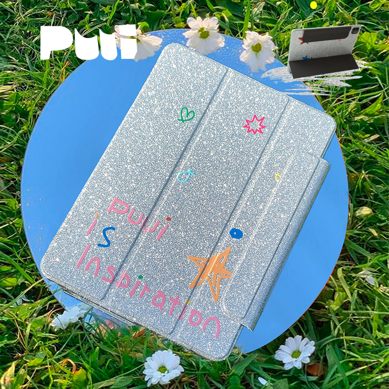 Puui原创适用ipadPro保护壳2022air4/5卡通ipad涂鸦闪粉个性苹果带笔槽可折叠ins女简约高级平板保护壳