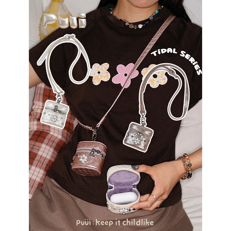 Puui潮汐系列复古菱格斜挎包迷你皮质单肩包小型通勤耳机包ins女