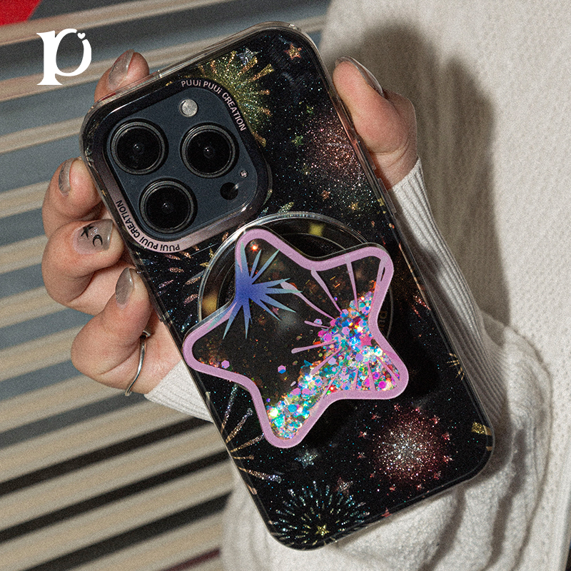 Puui原创适用iphone15promax磁吸手机壳苹果16promax带磁吸支架烟花苹果15/14pro高级黑色16pro保护壳质感ins
