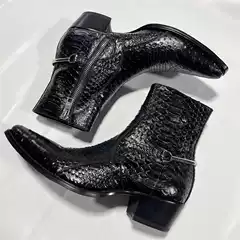 Chelsea Boots for Men, Pointed Toe, Snakeskin Pattern, Cowhide, Runway Style, Trendy High-Heeled Hairstylist Shoes
