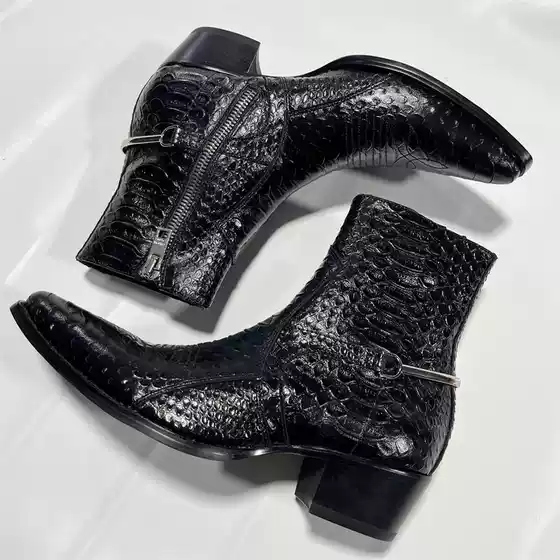 Chelsea Boots for Men, Pointed Toe, Snakeskin Pattern, Cowhide, Runway Style, Trendy High-Heeled Hairstylist Shoes