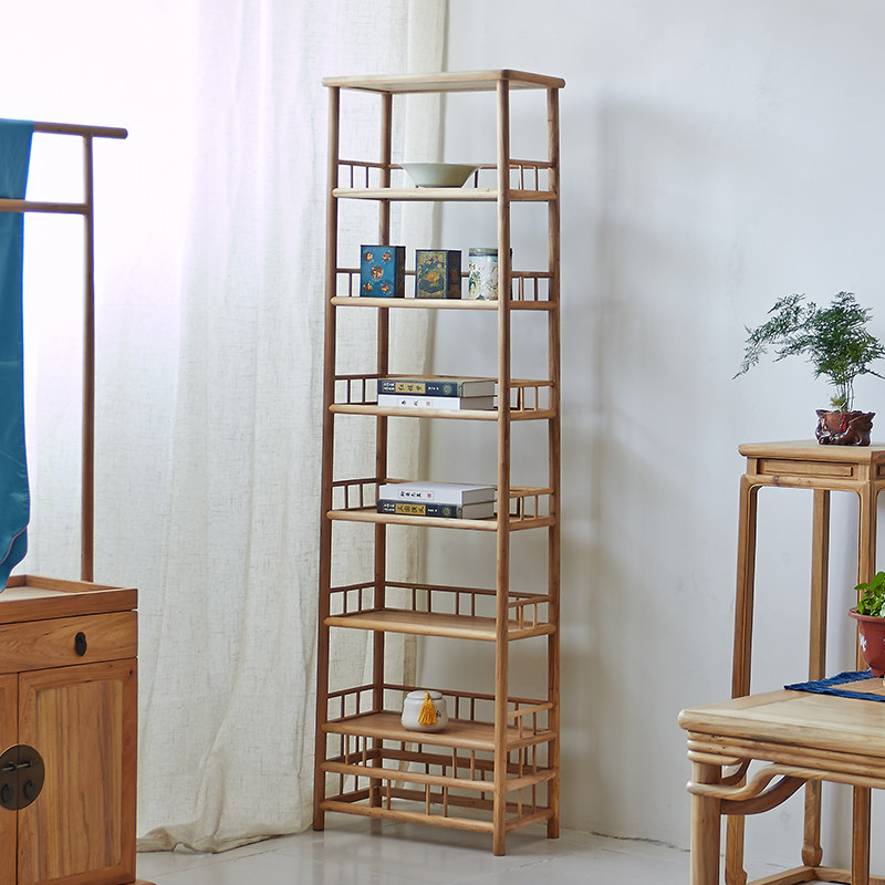 新中式实木书架家用老榆木置物架原木博古架禅意茶叶展示柜储物架