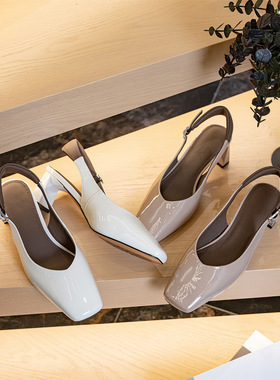 头层牛皮法式高跟凉鞋女浅口2026新款方头包头后空一脚蹬玛丽珍鞋