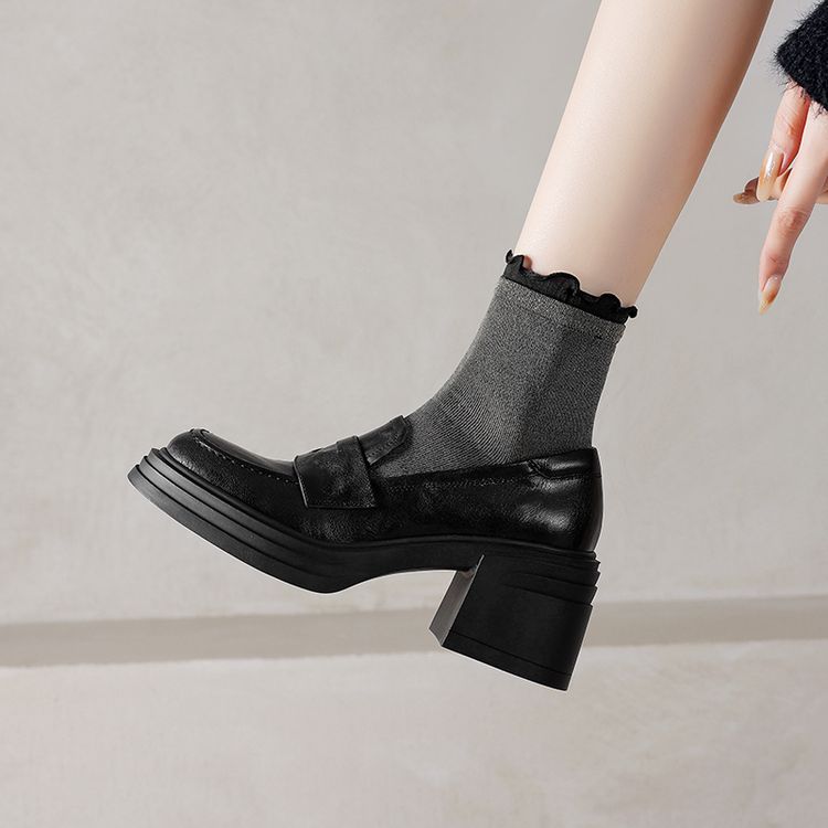 英伦厚底高跟圆头通勤乐福鞋女