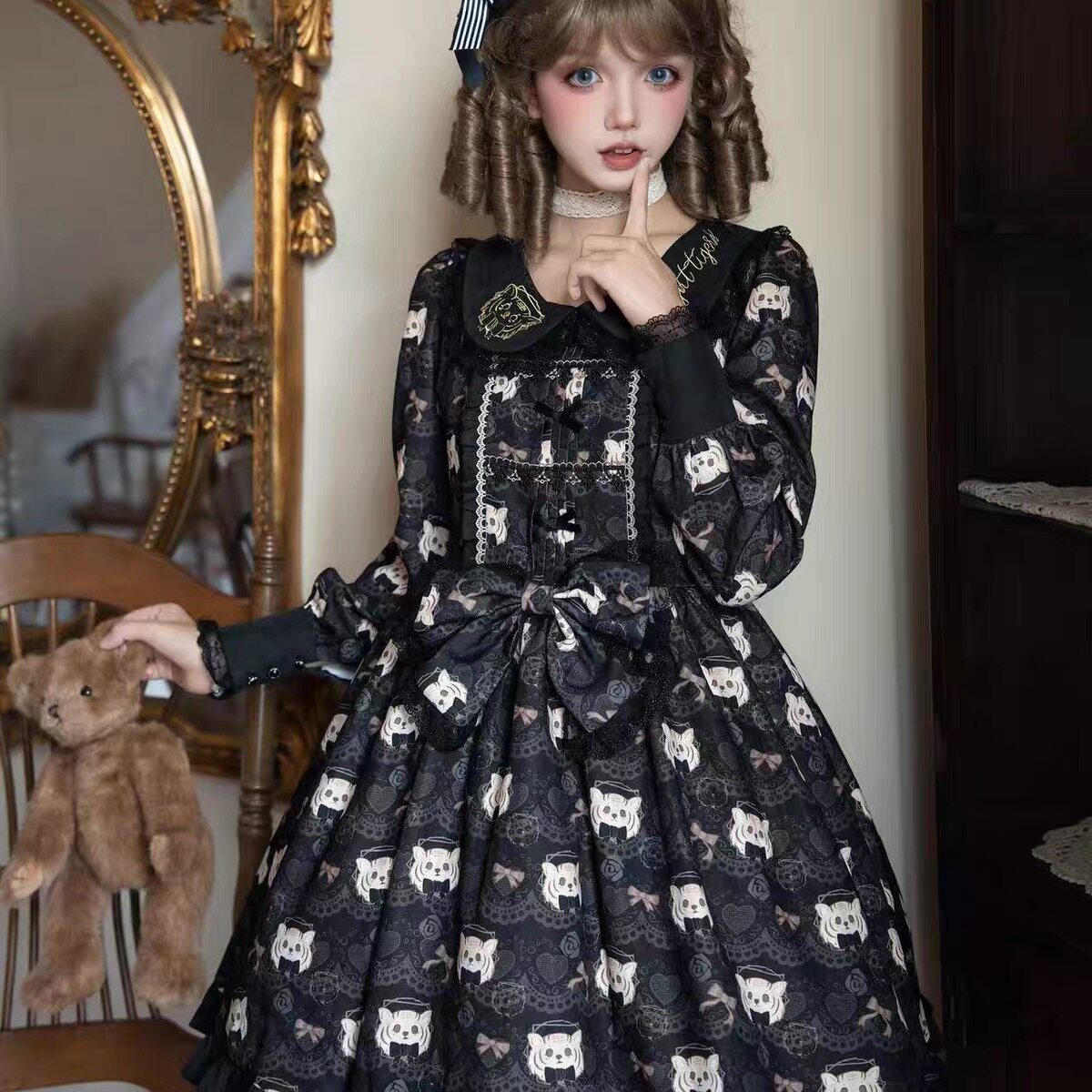 秋日虎虎晚安了喵Lolita原创设计刺绣日常op秋冬厚款可爱长袖全款
