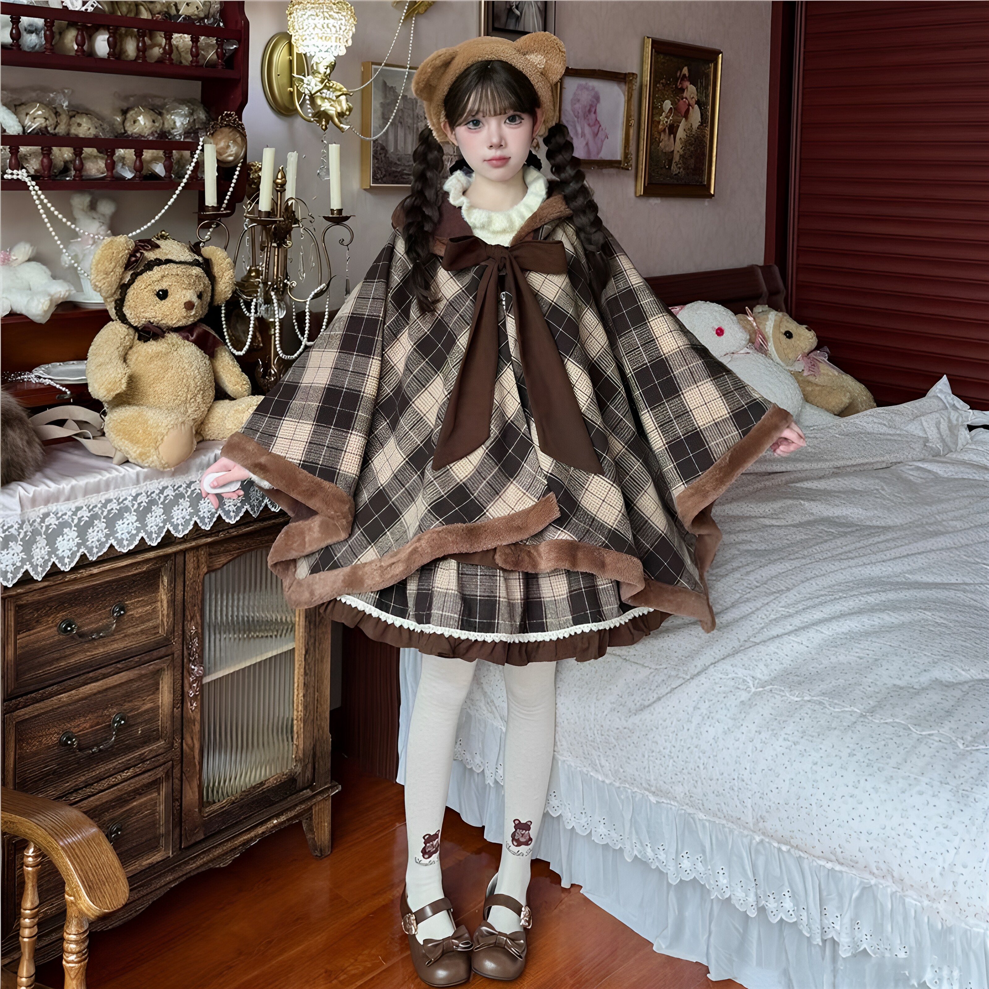 焦糖可可华夫饼斗蓬lolita格子毛边百搭披风内搭连衣裙三件套装女