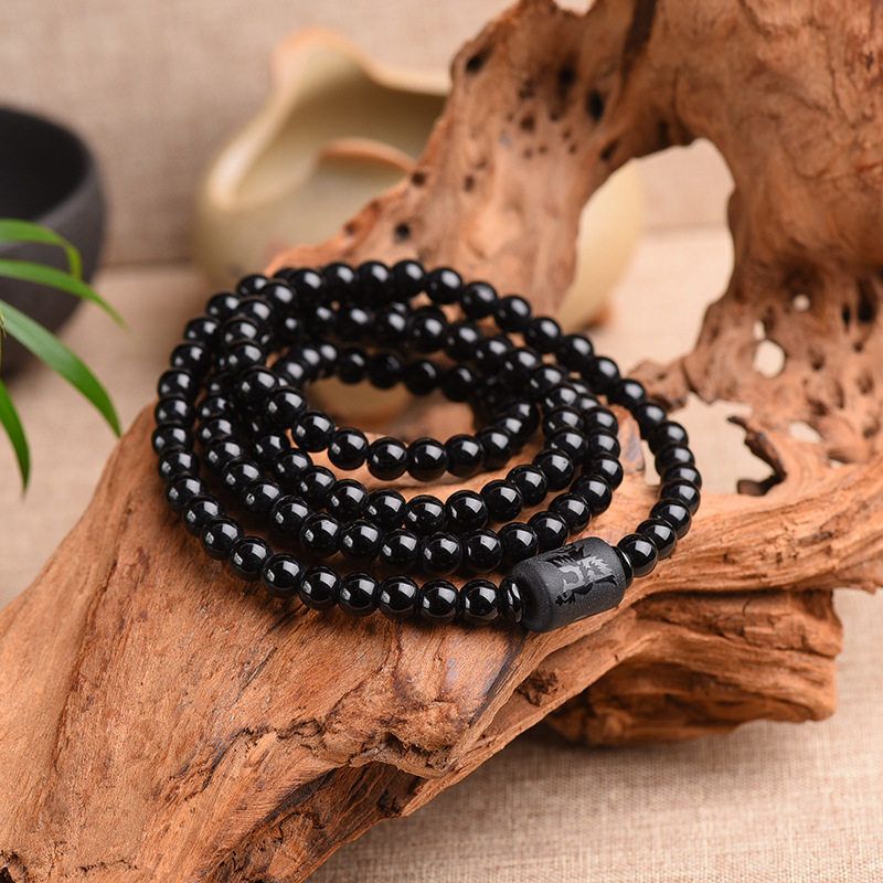 龙凤多圈108颗黑曜石手链男女款情侣黑曜石龙凤手串地摊货源