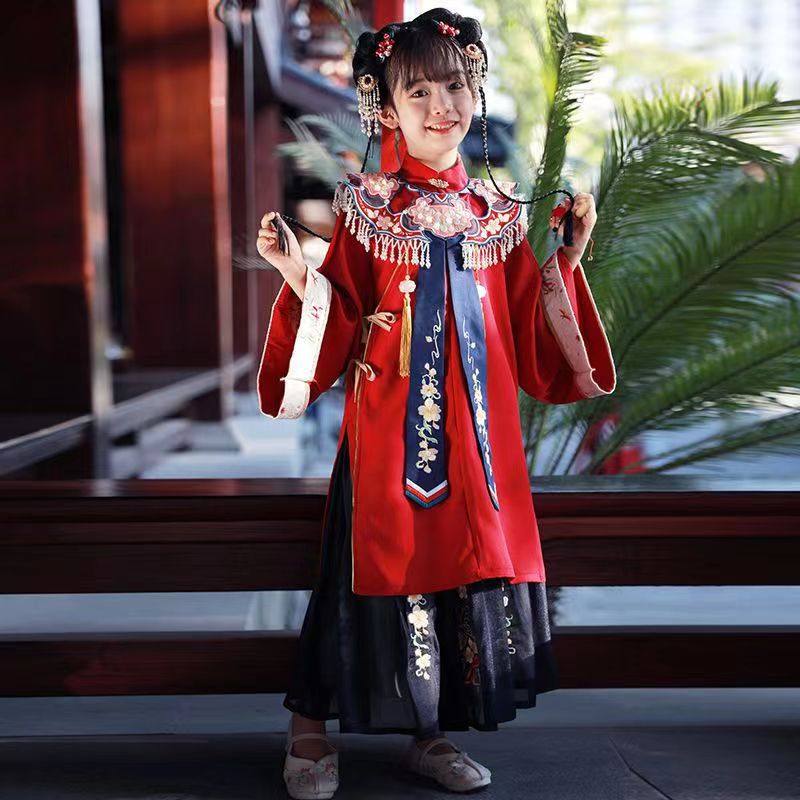 出租超仙儿童汉服汉女童装秋款金盏玉台云肩明制套装中国风长衫