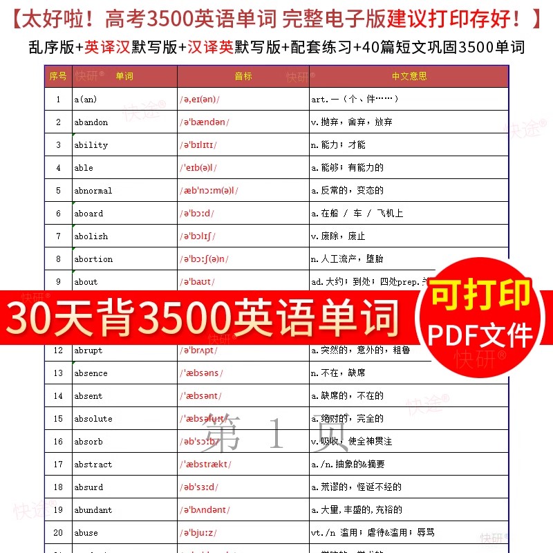 2025年高中英语词汇3500词高考初中英语单词表默写本Word电子版