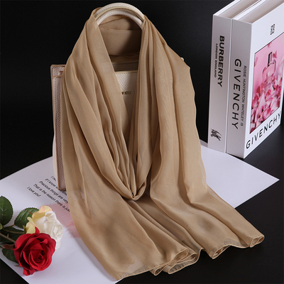 卡其色长条真丝丝巾纯色秋冬亲肤保暖围巾纱巾女防晒颈巾浅咖啡色
