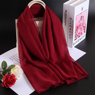 安可拉红真丝围巾披肩两用枣酒红色丝巾女士春秋冬季时尚防晒纱巾