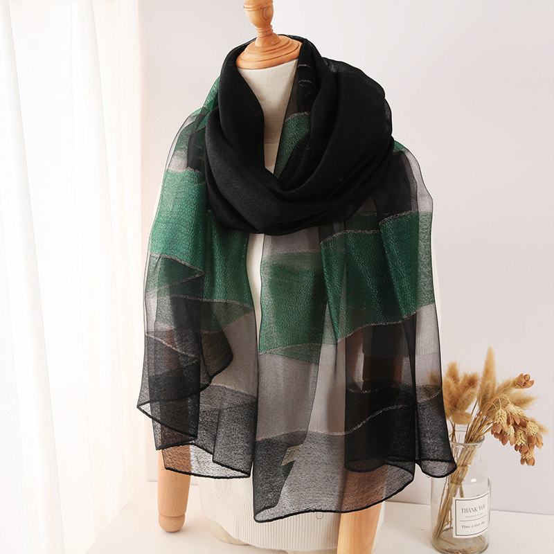 黑绿色桑蚕丝巾外搭两用围巾披肩