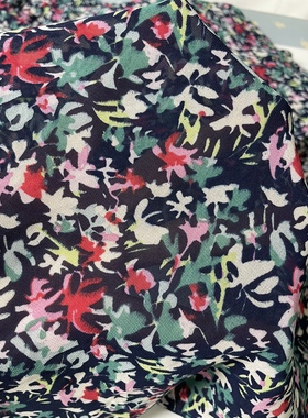 E262深蓝色底小碎花印花雪纺布头柔软垂坠透气连衣裙上衣旗袍面料