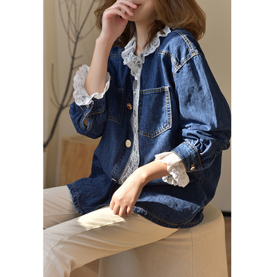 GESGOO宽松甜美花边长袖牛仔衬衫