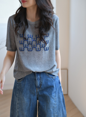 GESGOO高级感灰色桑蚕丝短袖t恤女夏季通勤百搭字母真丝上衣休闲
