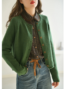 GESGOO今年流行森林绿色针织开衫女秋季慵懒复古圆领毛衣显瘦短款