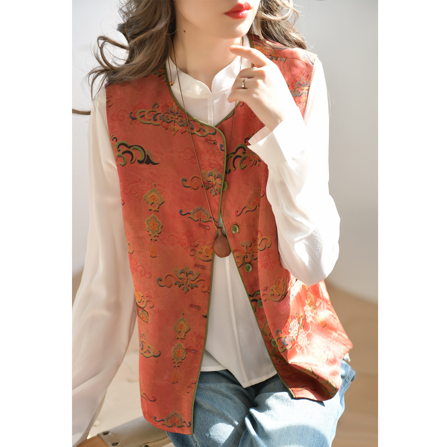 GESGOO重磅红云纱提花真丝马甲女士春季外穿桑蚕丝圆领上衣新中式