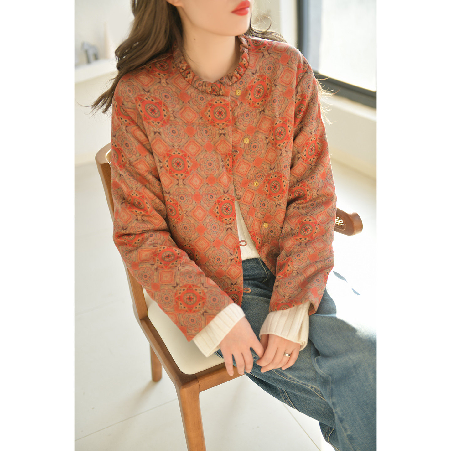 GESGOO原创设计木耳领新中式提花夹棉外套女装秋冬红云纱真丝棉服,女装/女士精品,棉衣/棉服,淘宝优惠券,粉丝福利购,淘宝优惠卷