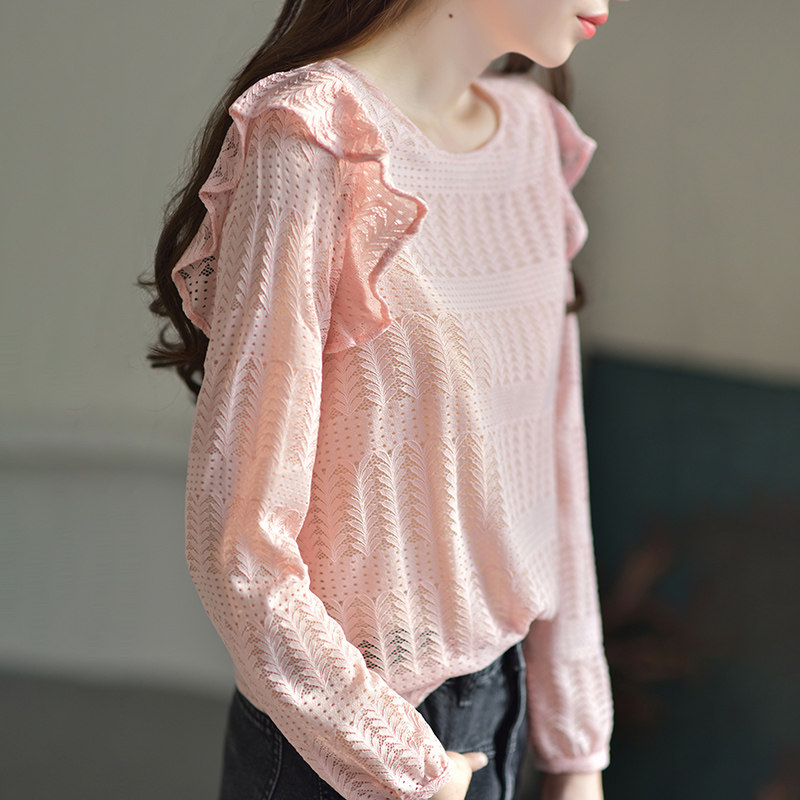 早秋新款粉色上衣洋气蕾丝小衫褶皱袖子衬衫甜美淑女气质仙女衬衣