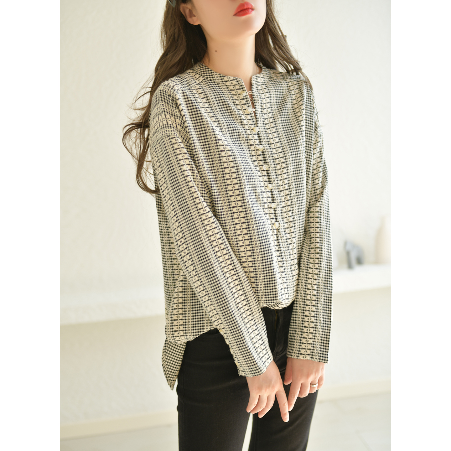 GESGOO休闲复古宽松格子衬衫