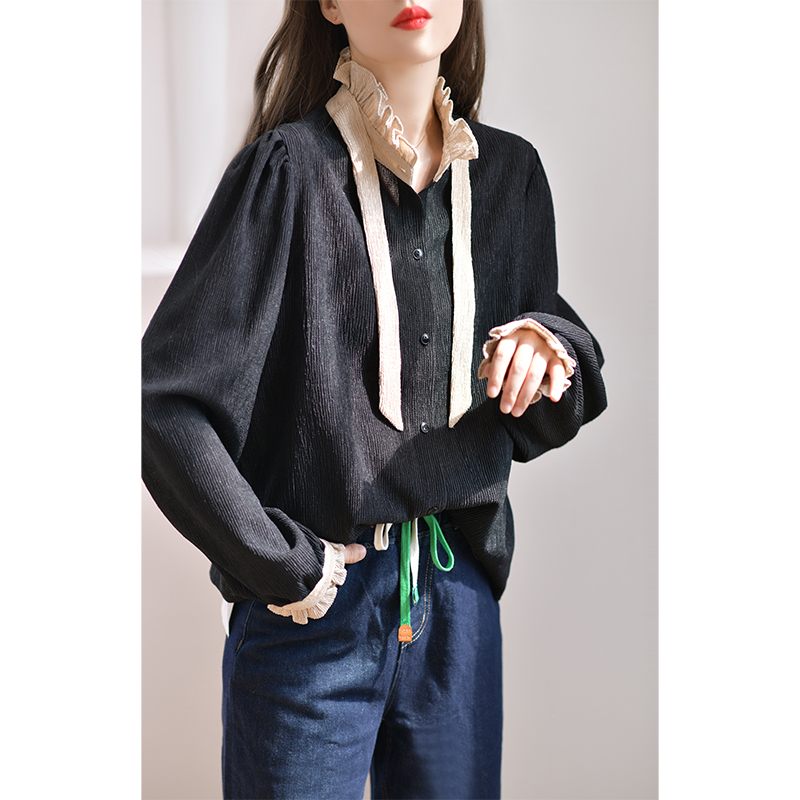 GESGOO法式木耳领长袖黑色衬衫