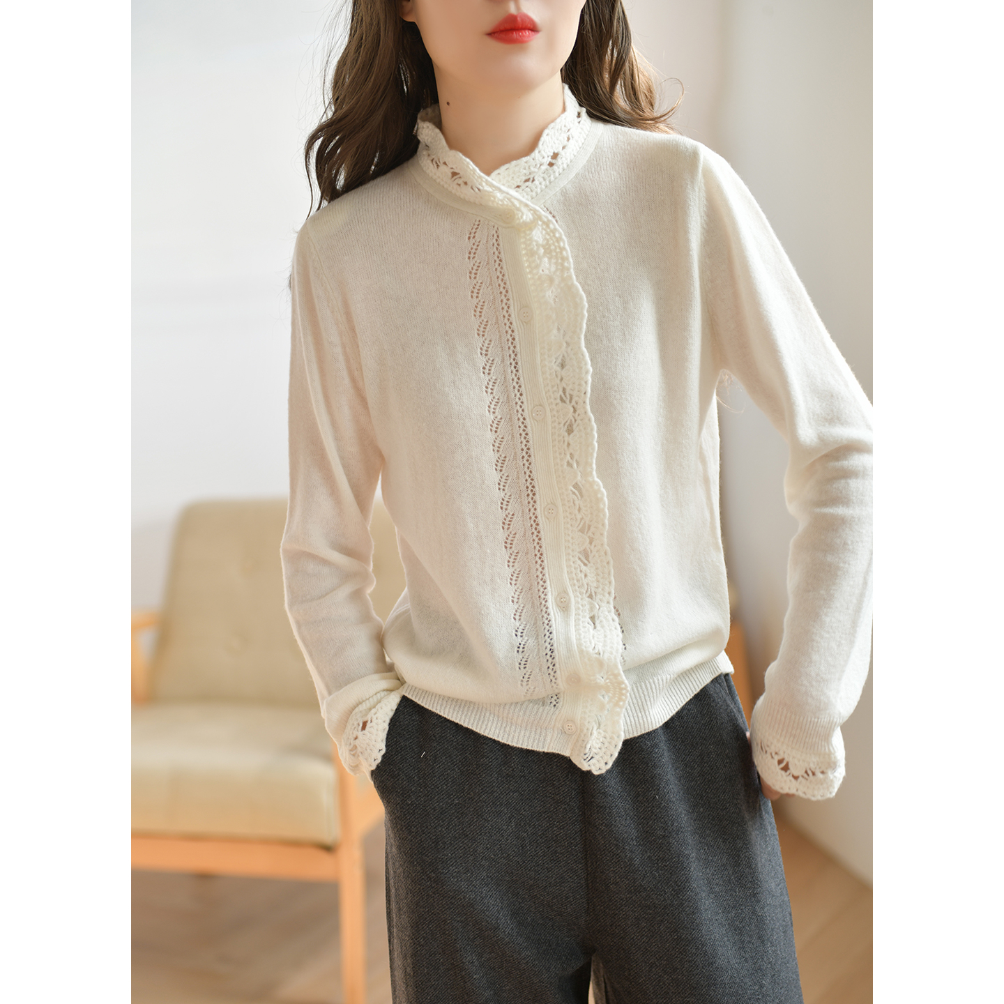 GESGOO法式温柔羊绒羊毛针织开衫