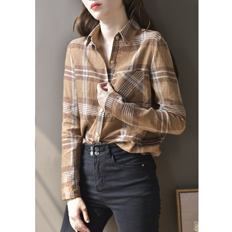 亚麻上衣格子衬衫女长袖春秋复古2020新款英伦风宽松时髦腔调衬衣
