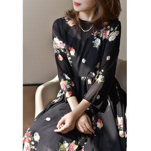 GESGOO优雅气质碎花中长款真丝连衣裙女春夏新款桑蚕丝收腰碎褶裙